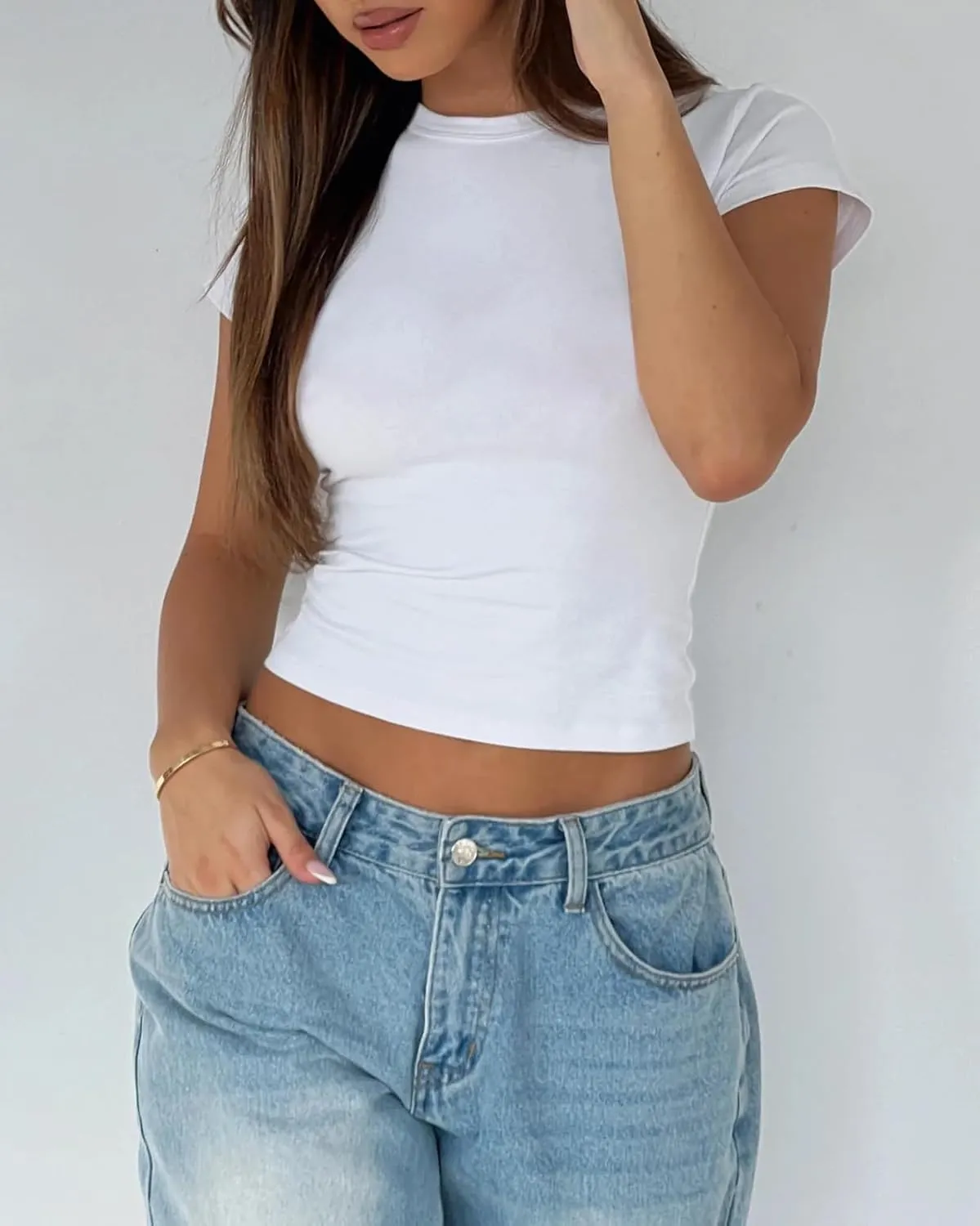 Women's Basic Summer Short Sleeve Crewneck T-Shirts Y2K Cute Going Out Tops Baby Tee