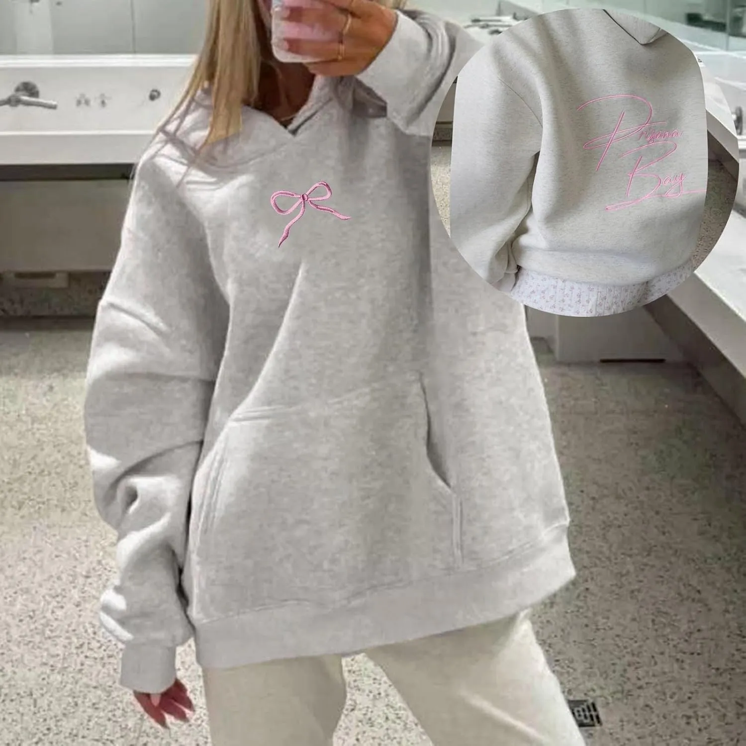 Womens Bow Hoodies Oversized Sweatshirts Fleece Long Sleeve Comfy Casual Lightweight Tunic Basic Pullover Tops with Pockets