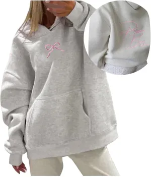 Womens Bow Hoodies Oversized Sweatshirts Fleece Long Sleeve Comfy Casual Lightweight Tunic Basic Pullover Tops with Pockets