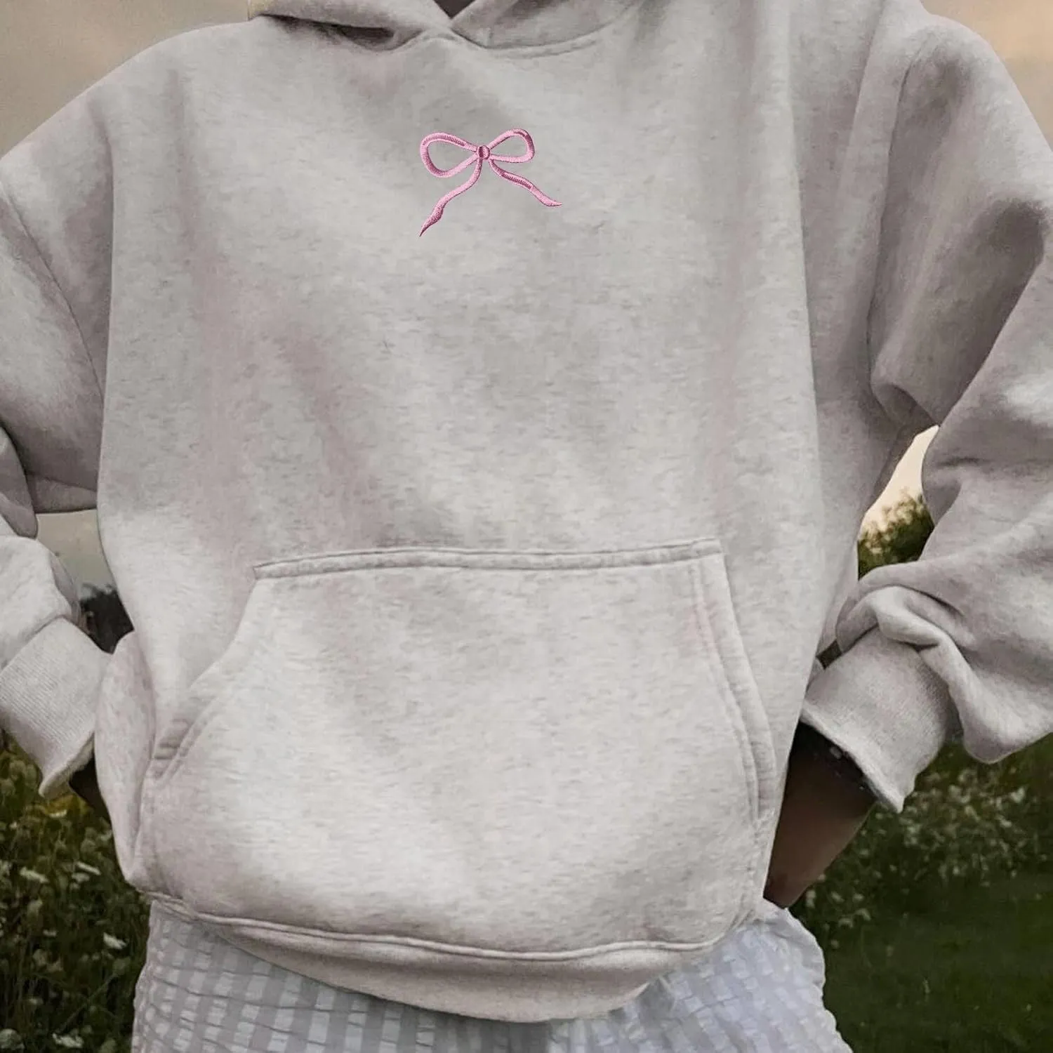 Womens Bow Hoodies Oversized Sweatshirts Fleece Long Sleeve Comfy Casual Lightweight Tunic Basic Pullover Tops with Pockets