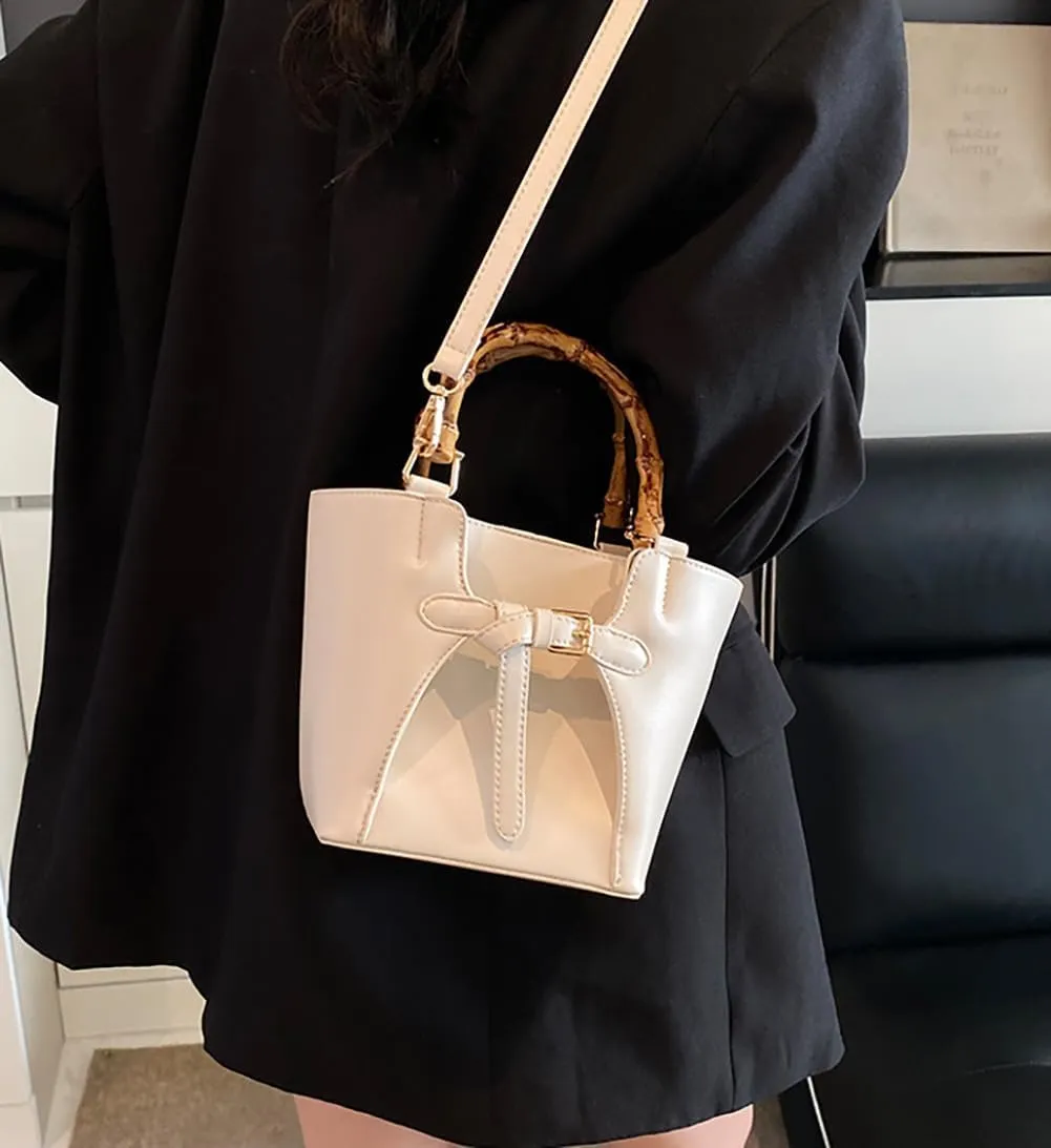 Womens Bucket Bag Trendy Crossbody Bags For Women Vegan Leather Bamboo Handle Shoulder Handbags Spring Summer Travel Purse