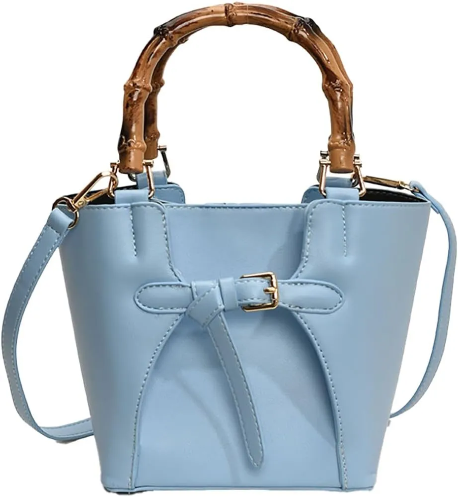 Womens Bucket Bag Trendy Crossbody Bags For Women Vegan Leather Bamboo Handle Shoulder Handbags Spring Summer Travel Purse