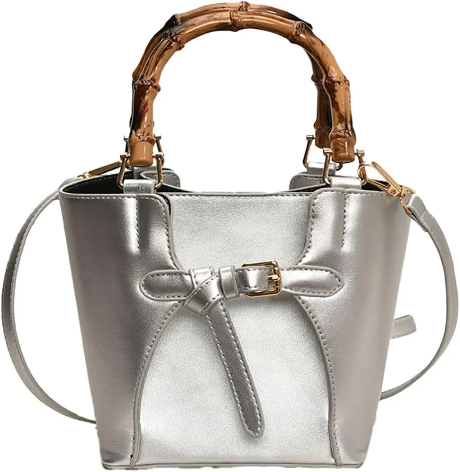 Womens Bucket Bag Trendy Crossbody Bags For Women Vegan Leather Bamboo Handle Shoulder Handbags Spring Summer Travel Purse