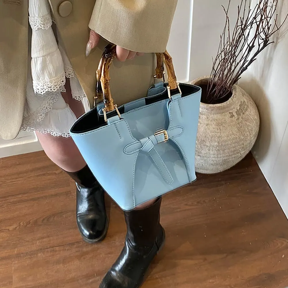Womens Bucket Bag Trendy Crossbody Bags For Women Vegan Leather Bamboo Handle Shoulder Handbags Spring Summer Travel Purse