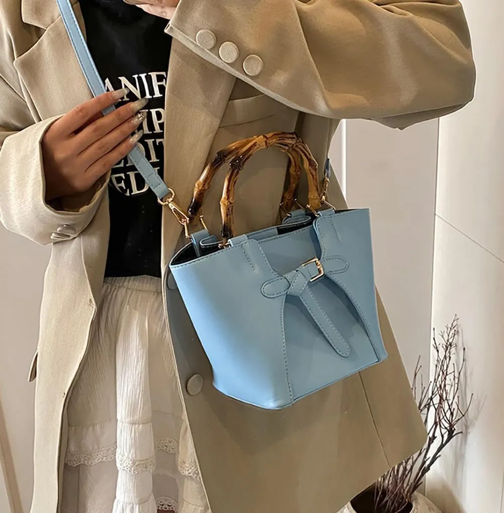 Womens Bucket Bag Trendy Crossbody Bags For Women Vegan Leather Bamboo Handle Shoulder Handbags Spring Summer Travel Purse