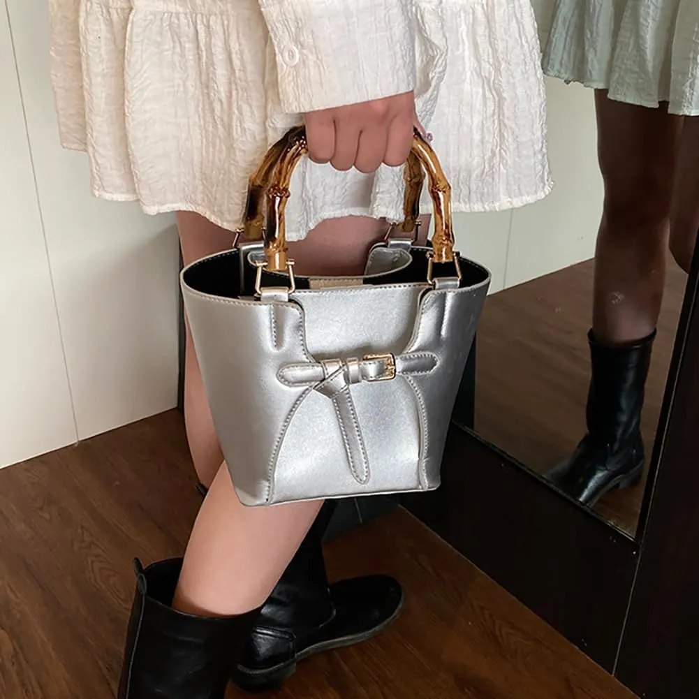 Womens Bucket Bag Trendy Crossbody Bags For Women Vegan Leather Bamboo Handle Shoulder Handbags Spring Summer Travel Purse