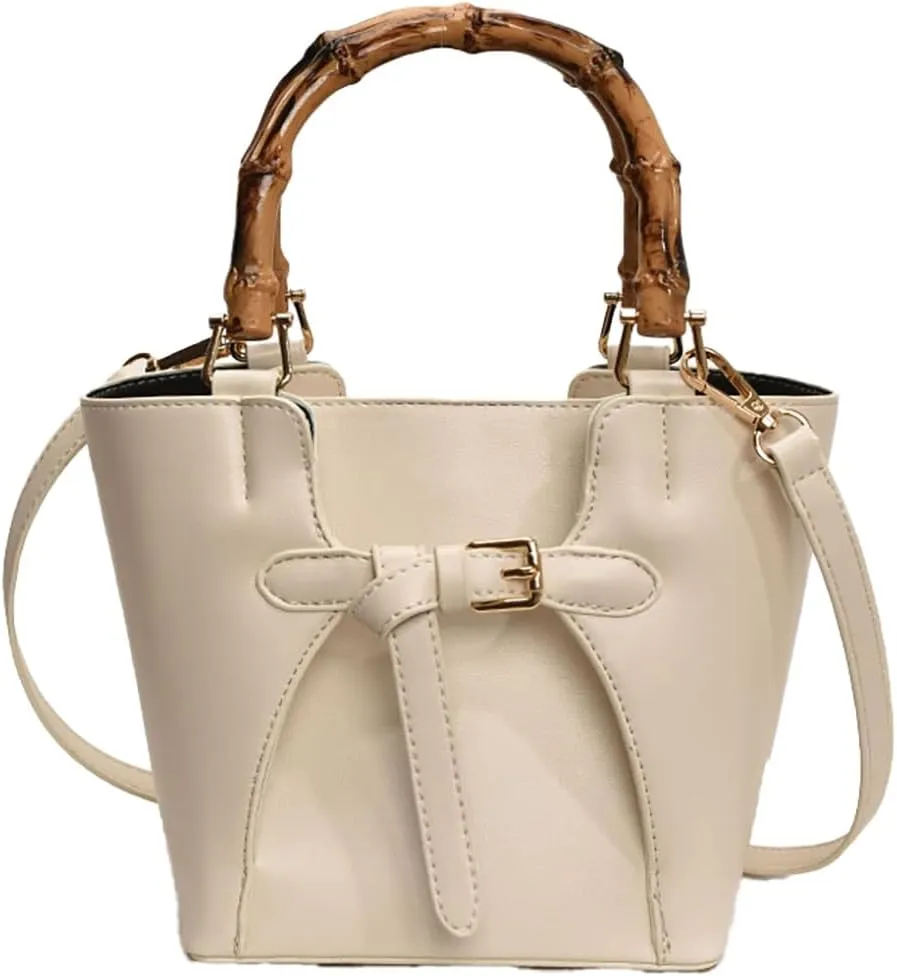 Womens Bucket Bag Trendy Crossbody Bags For Women Vegan Leather Bamboo Handle Shoulder Handbags Spring Summer Travel Purse