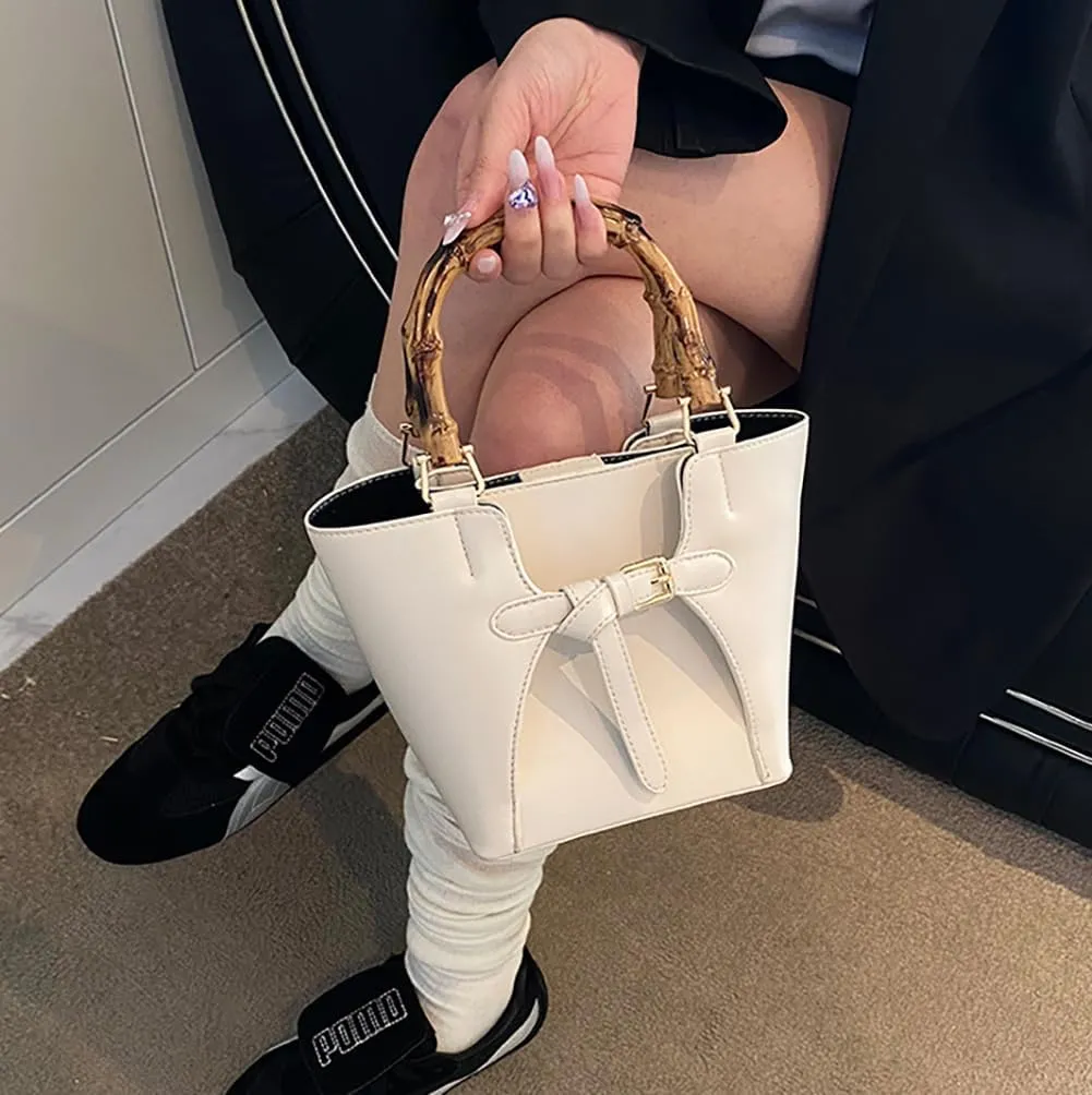 Womens Bucket Bag Trendy Crossbody Bags For Women Vegan Leather Bamboo Handle Shoulder Handbags Spring Summer Travel Purse