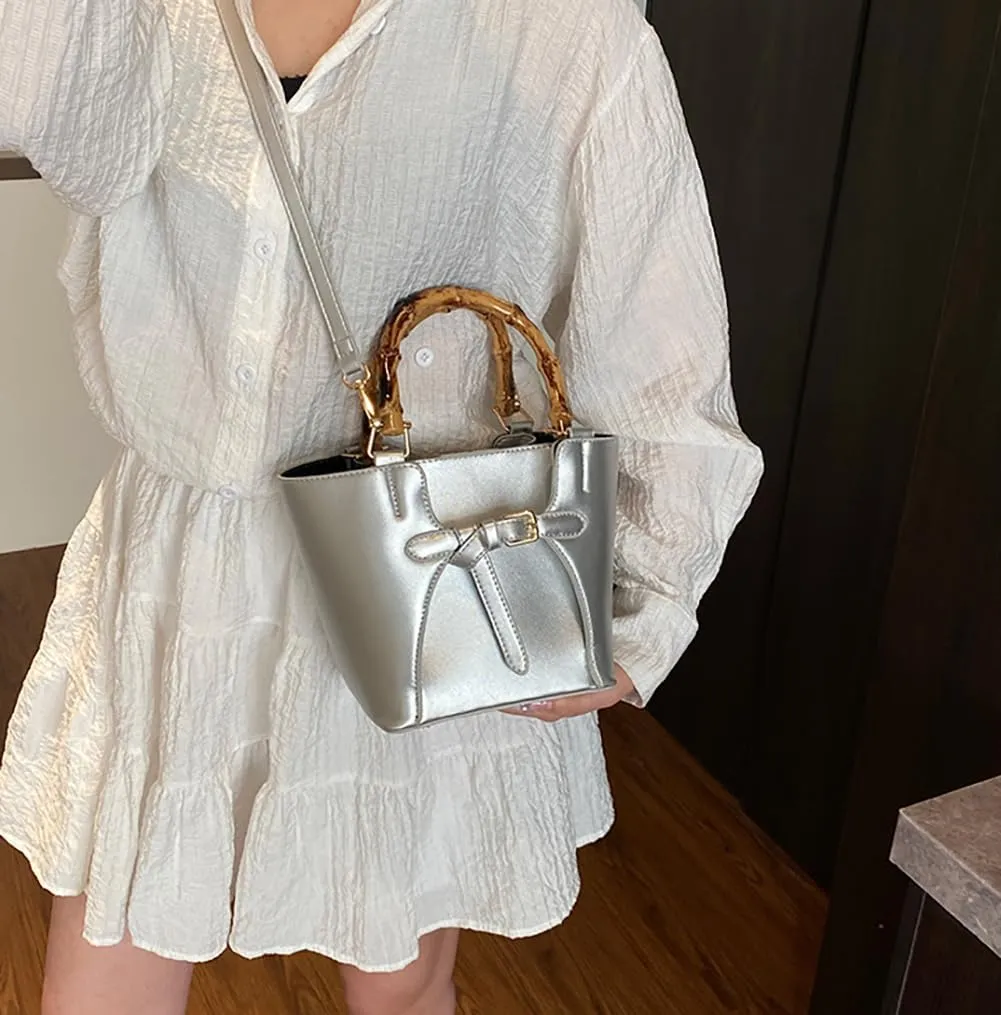 Womens Bucket Bag Trendy Crossbody Bags For Women Vegan Leather Bamboo Handle Shoulder Handbags Spring Summer Travel Purse