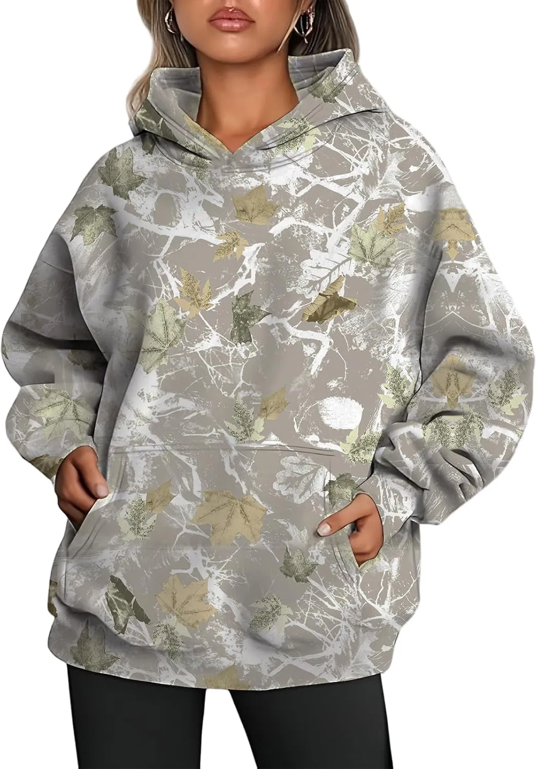 Women's Camo Hoodie Maple Leaf Print Oversized Hooded Sweatshirt Fleece Casual Long Sleeve Pullover Sweatshirts with Pockets