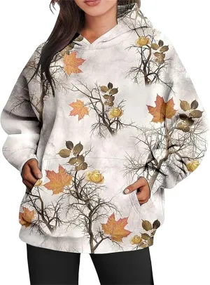 Women's Camo Hoodie Maple Leaf Print Oversized Hooded Sweatshirt Fleece Casual Long Sleeve Pullover Sweatshirts with Pockets