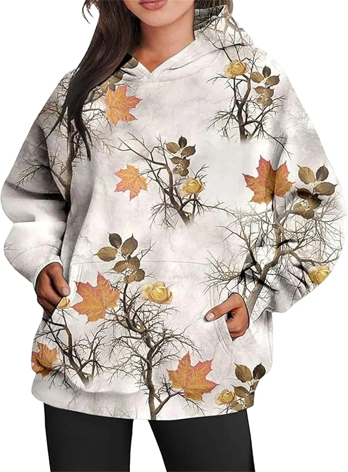 Women's Camo Hoodie Maple Leaf Print Oversized Hooded Sweatshirt Fleece Casual Long Sleeve Pullover Sweatshirts with Pockets