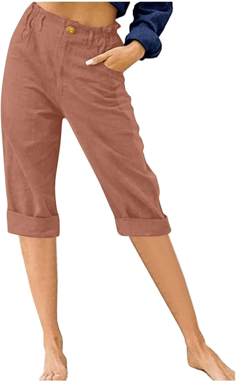 Womens Capris for Summer Cotton Linen Pants Casual Loose Comfy Trendy Elastic Waist Cropped Trouser Beach Clothes
