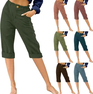 Womens Capris for Summer Cotton Linen Pants Casual Loose Comfy Trendy Elastic Waist Cropped Trouser Beach Clothes
