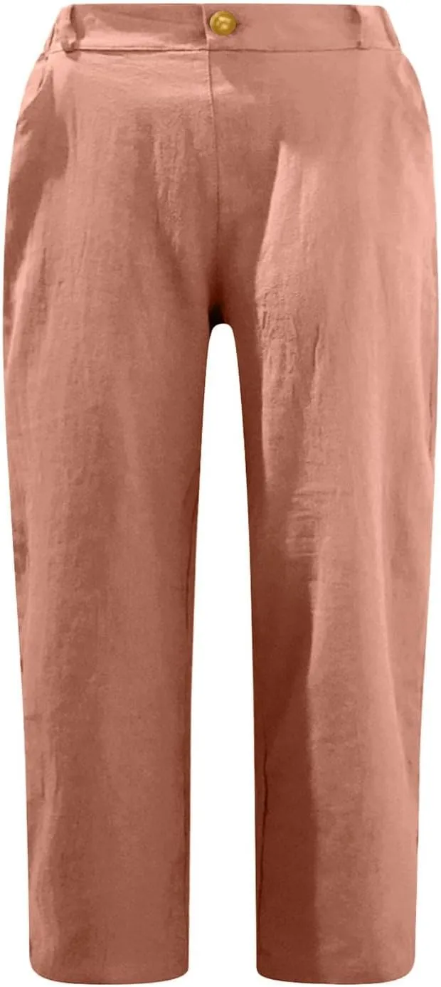 Womens Capris for Summer Cotton Linen Pants Casual Loose Comfy Trendy Elastic Waist Cropped Trouser Beach Clothes