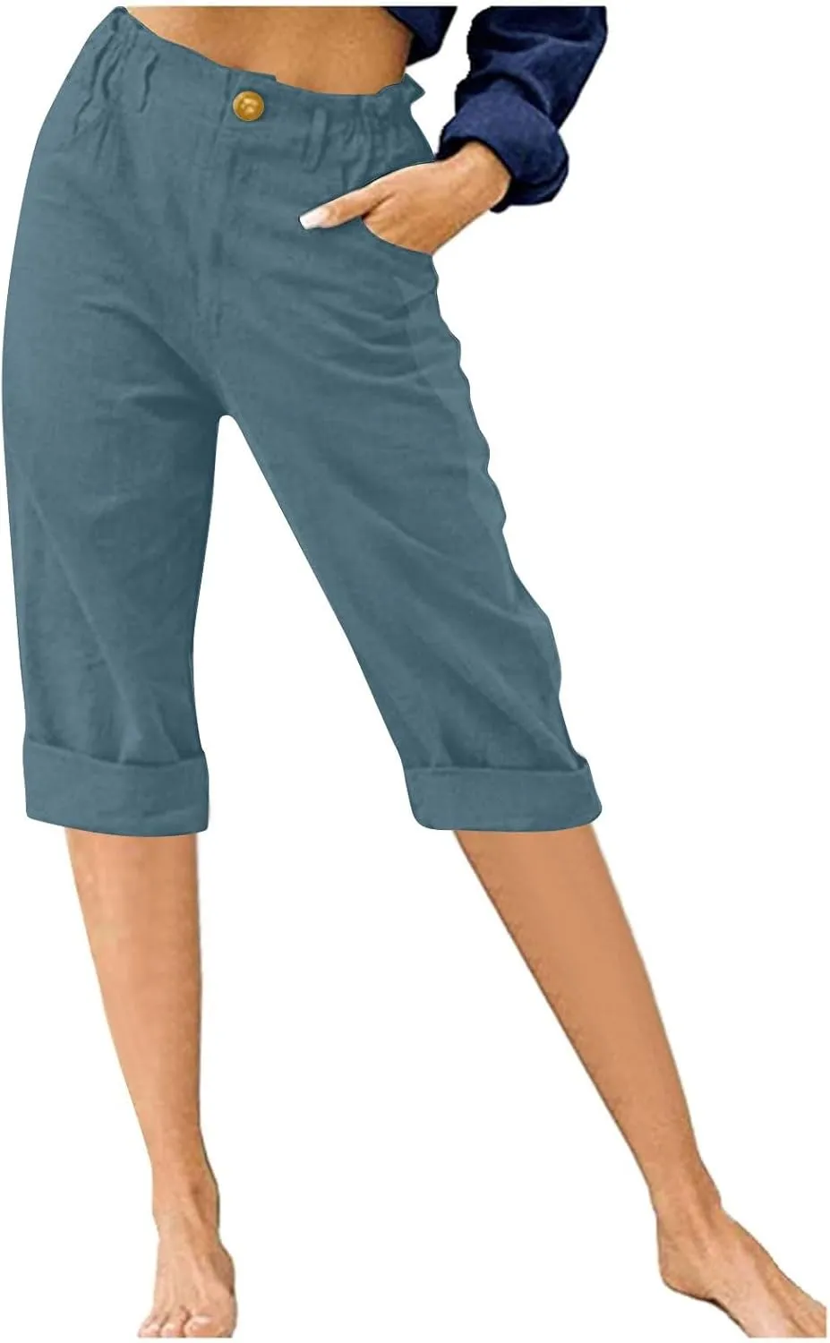 Womens Capris for Summer Cotton Linen Pants Casual Loose Comfy Trendy Elastic Waist Cropped Trouser Beach Clothes
