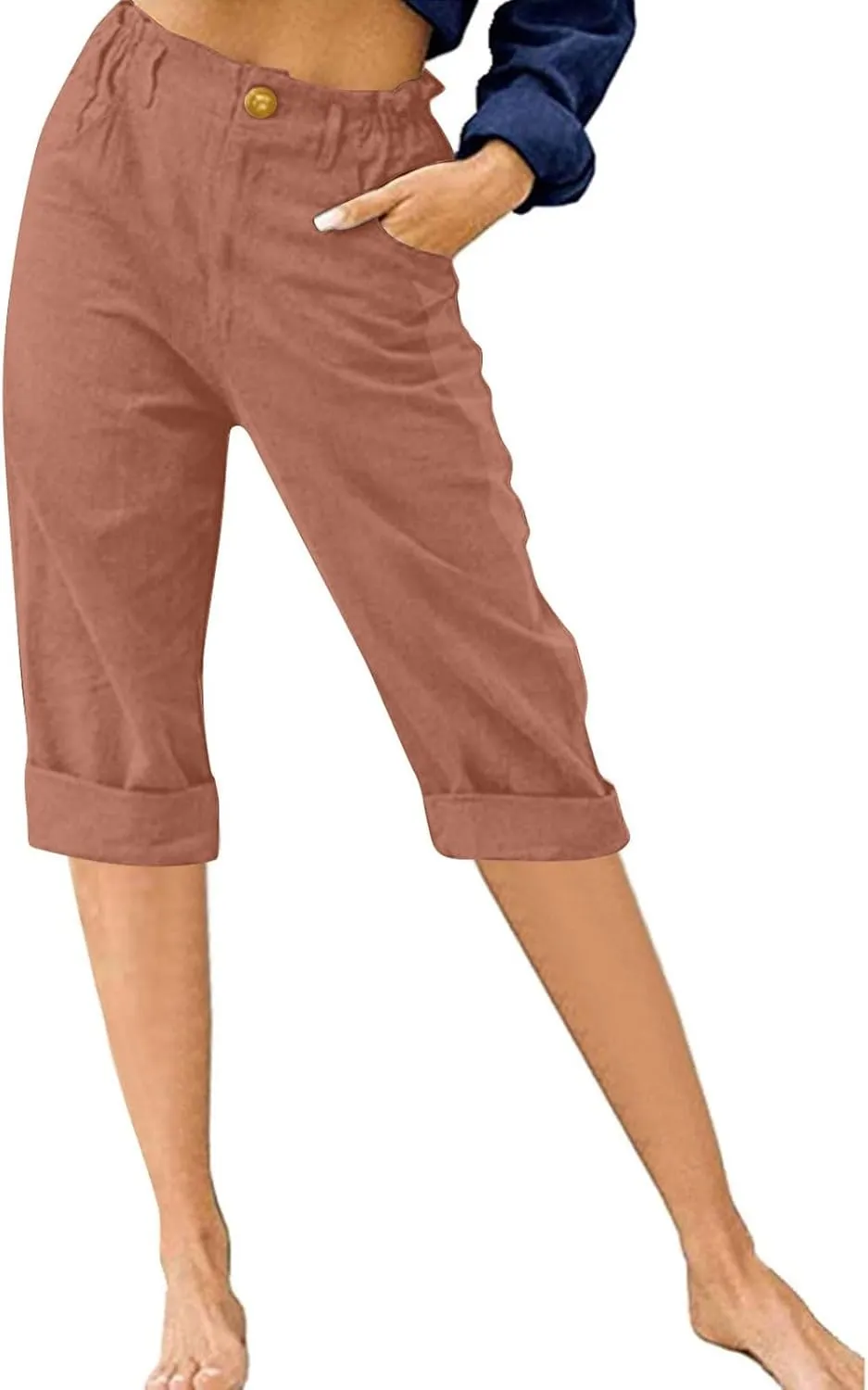 Womens Capris for Summer Cotton Linen Pants Casual Loose Comfy Trendy Elastic Waist Cropped Trouser Beach Clothes