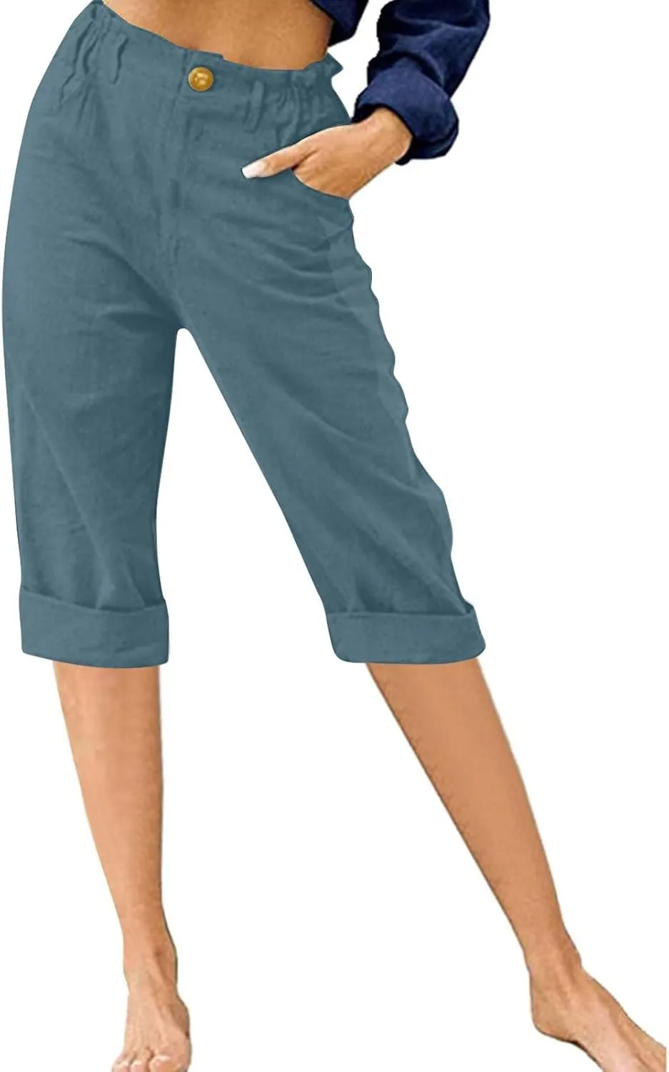 Womens Capris for Summer Cotton Linen Pants Casual Loose Comfy Trendy Elastic Waist Cropped Trouser Beach Clothes