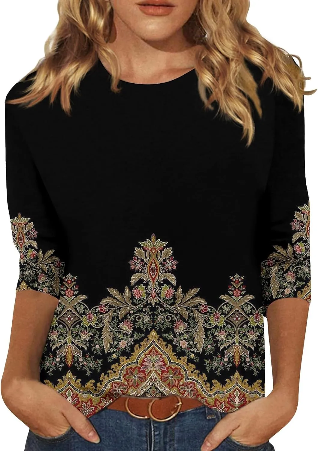 Women's Casual 3/4 Sleeve T-Shirts Round Neck Basic Tees Blouses Long Sleeve Comfort Slim Fit Painting Graphic Tees