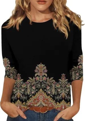 Women's Casual 3/4 Sleeve T-Shirts Round Neck Basic Tees Blouses Long Sleeve Comfort Slim Fit Painting Graphic Tees
