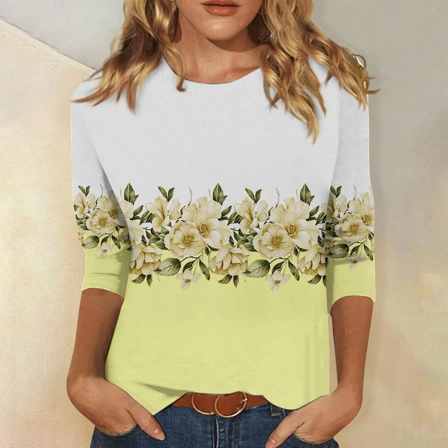 Women's Casual 3/4 Sleeve T-Shirts Round Neck Basic Tees Blouses Long Sleeve Comfort Slim Fit Painting Graphic Tees