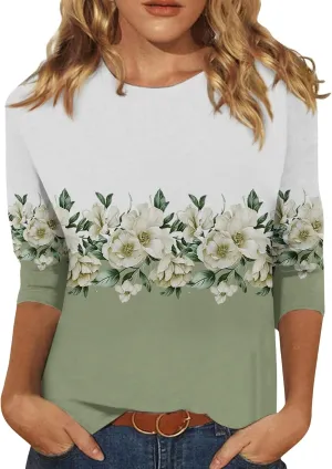 Women's Casual 3/4 Sleeve T-Shirts Round Neck Basic Tees Blouses Long Sleeve Comfort Slim Fit Painting Graphic Tees