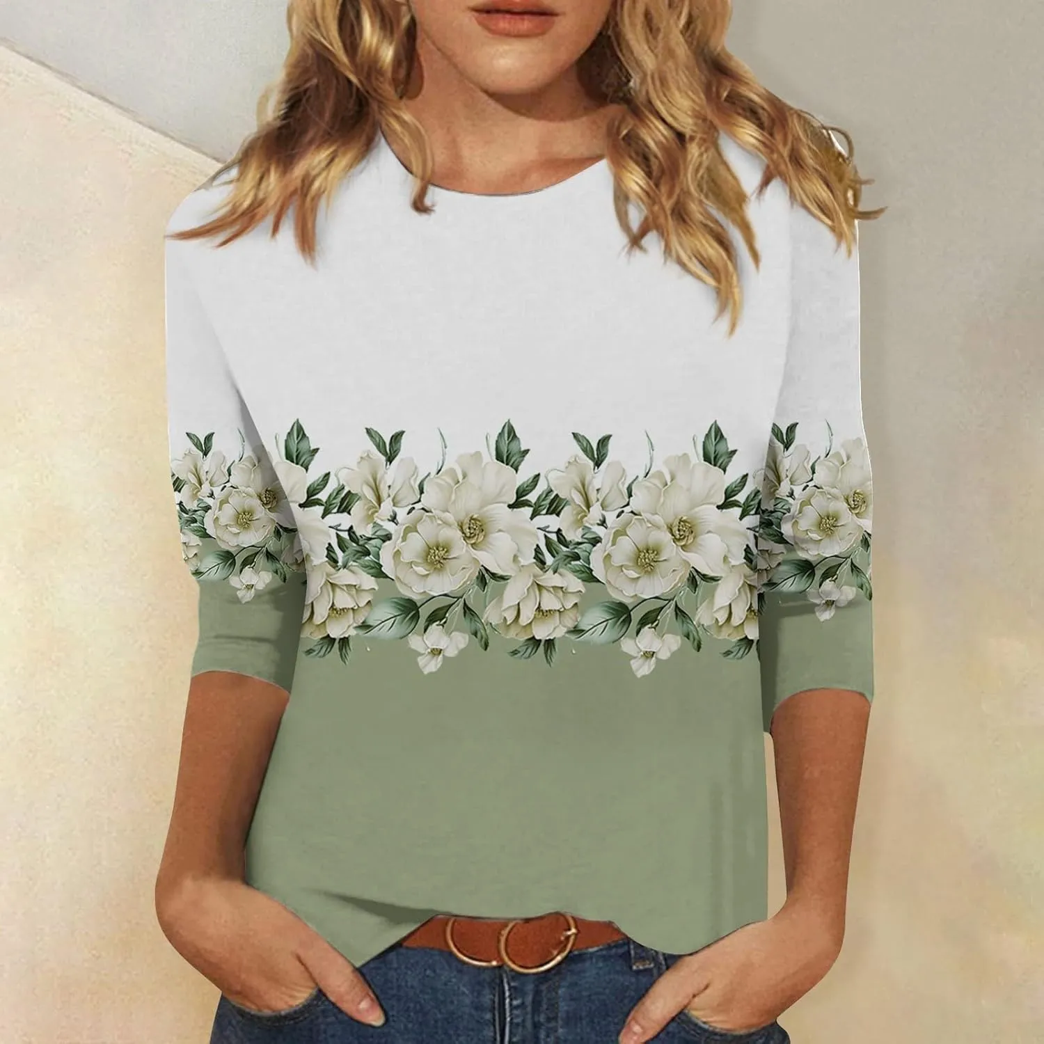 Women's Casual 3/4 Sleeve T-Shirts Round Neck Basic Tees Blouses Long Sleeve Comfort Slim Fit Painting Graphic Tees