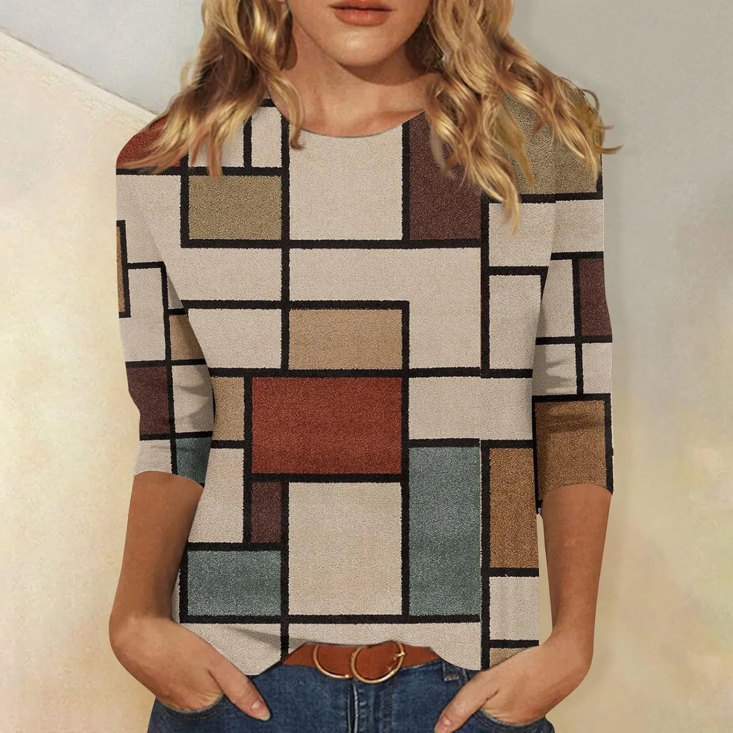 Women's Casual 3/4 Sleeve T-Shirts Round Neck Basic Tees Blouses Long Sleeve Comfort Slim Fit Painting Graphic Tees