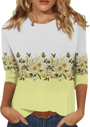 Women's Casual 3/4 Sleeve T-Shirts Round Neck Basic Tees Blouses Long Sleeve Comfort Slim Fit Painting Graphic Tees