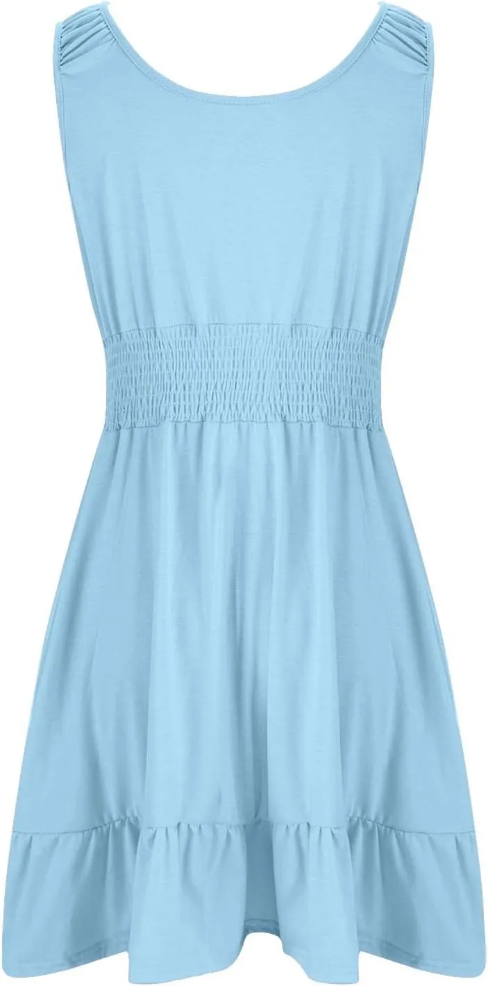 Women's Casual A Line Dresses Sleeveless Crew Neck Midi Dress Ruffled Layers Lightweight Shirred Waist Flared Sundress
