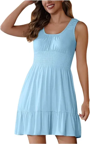 Women's Casual A Line Dresses Sleeveless Crew Neck Midi Dress Ruffled Layers Lightweight Shirred Waist Flared Sundress