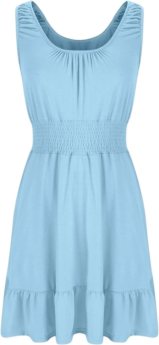 Women's Casual A Line Dresses Sleeveless Crew Neck Midi Dress Ruffled Layers Lightweight Shirred Waist Flared Sundress