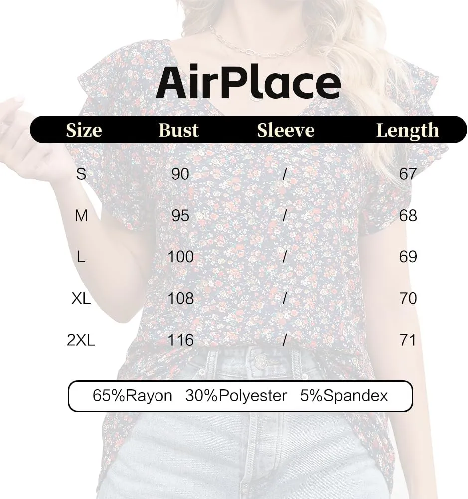 Women's Casual Floral Print V Neck Ruffle Boho Short Sleeve Summer Shirts Tops Loose Blouses T Shirt