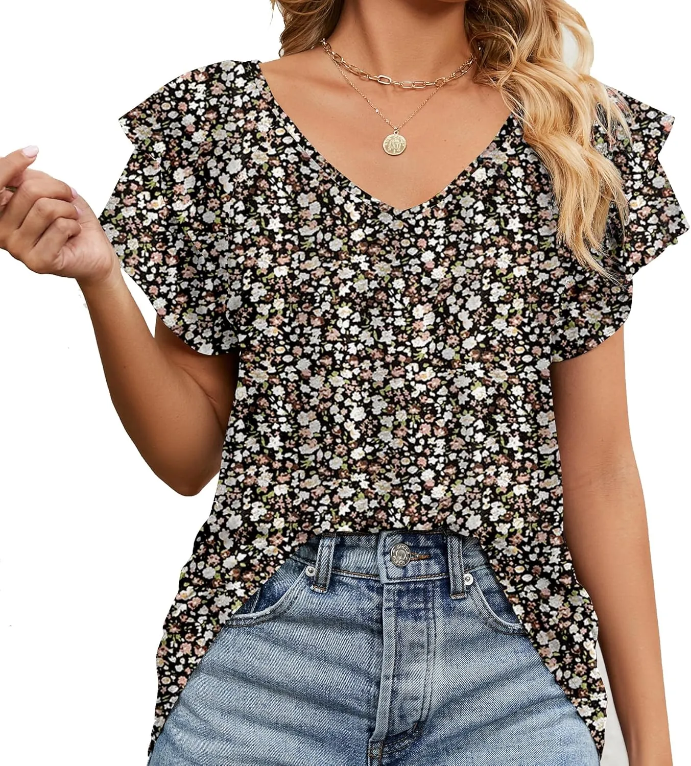 Women's Casual Floral Print V Neck Ruffle Boho Short Sleeve Summer Shirts Tops Loose Blouses T Shirt