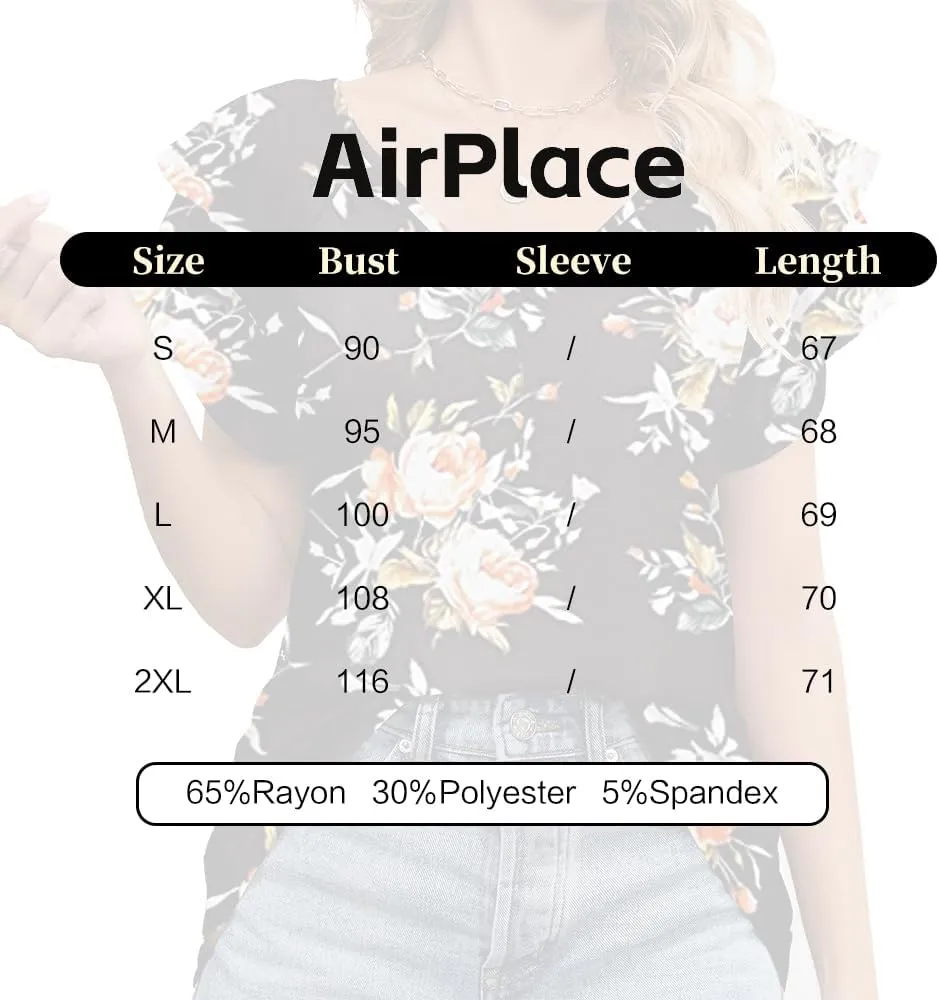 Women's Casual Floral Print V Neck Ruffle Boho Short Sleeve Summer Shirts Tops Loose Blouses T Shirt