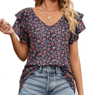 Women's Casual Floral Print V Neck Ruffle Boho Short Sleeve Summer Shirts Tops Loose Blouses T Shirt