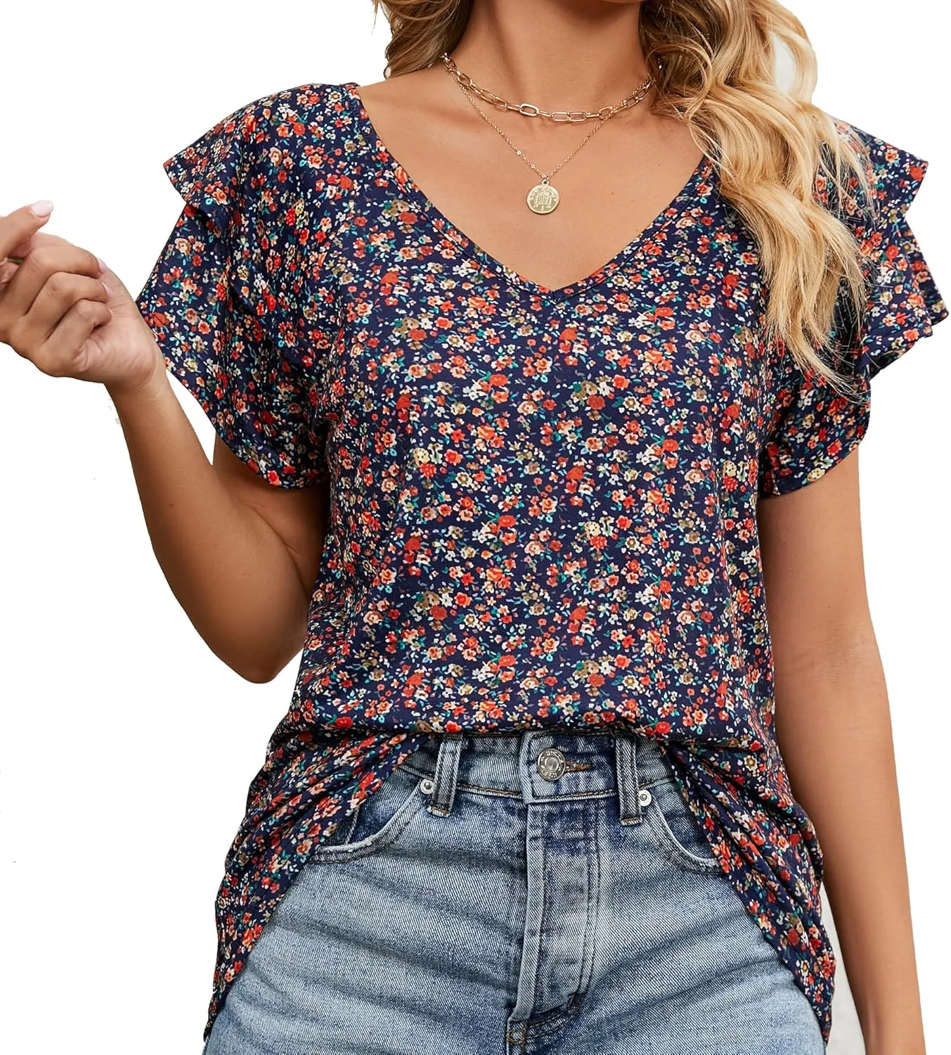 Women's Casual Floral Print V Neck Ruffle Boho Short Sleeve Summer Shirts Tops Loose Blouses T Shirt