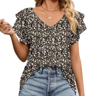 Women's Casual Floral Print V Neck Ruffle Boho Short Sleeve Summer Shirts Tops Loose Blouses T Shirt