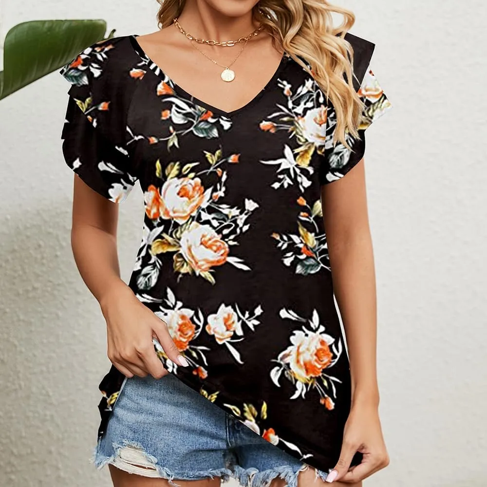 Women's Casual Floral Print V Neck Ruffle Boho Short Sleeve Summer Shirts Tops Loose Blouses T Shirt