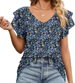 Women's Casual Floral Print V Neck Ruffle Boho Short Sleeve Summer Shirts Tops Loose Blouses T Shirt