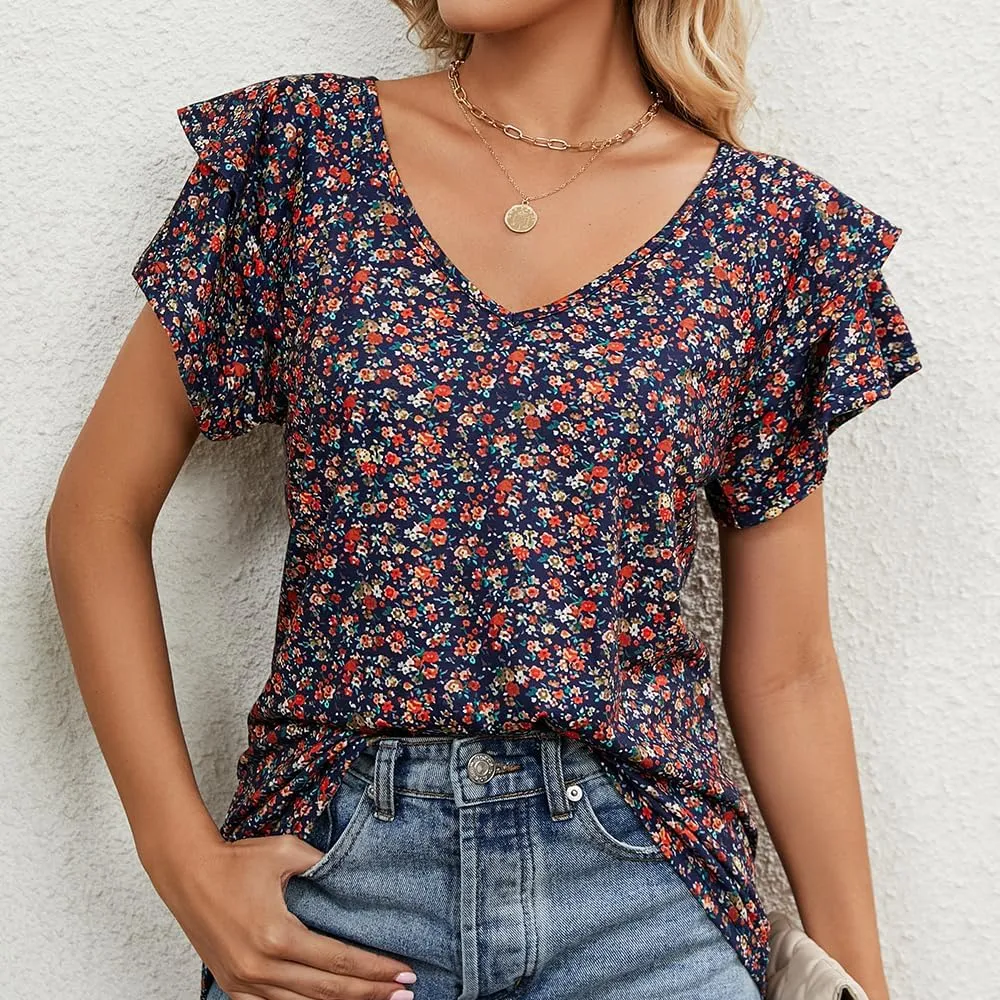 Women's Casual Floral Print V Neck Ruffle Boho Short Sleeve Summer Shirts Tops Loose Blouses T Shirt