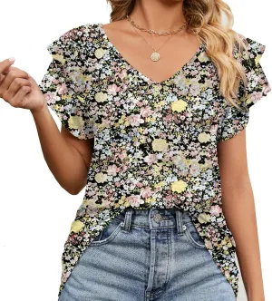Women's Casual Floral Print V Neck Ruffle Boho Short Sleeve Summer Shirts Tops Loose Blouses T Shirt