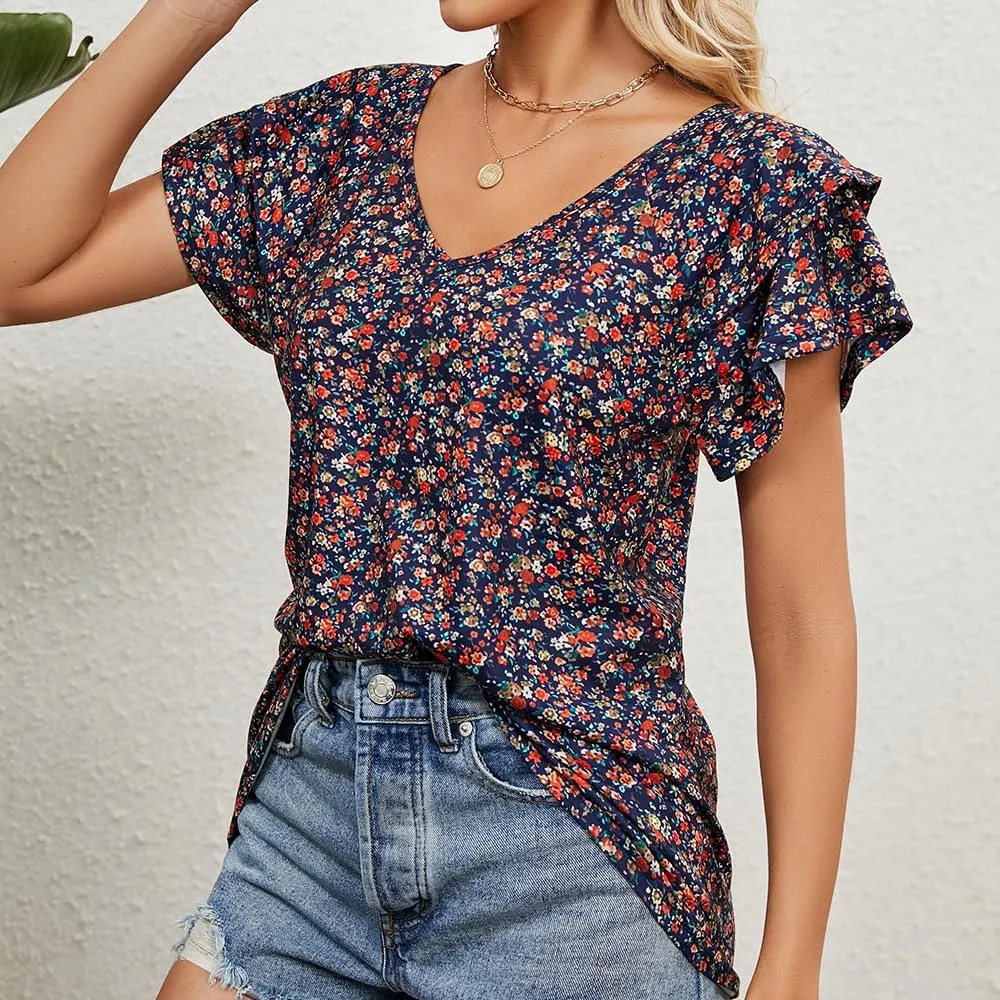 Women's Casual Floral Print V Neck Ruffle Boho Short Sleeve Summer Shirts Tops Loose Blouses T Shirt