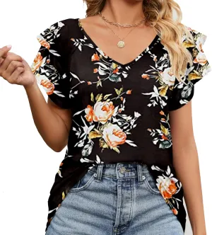 Women's Casual Floral Print V Neck Ruffle Boho Short Sleeve Summer Shirts Tops Loose Blouses T Shirt