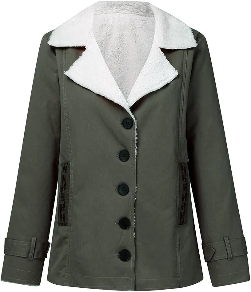 Womens Casual Sherpa Fleece Lined Denim Jackets Plus Size Warm Winter Lapel Collar Faux Fur Oversized Button Down Coat