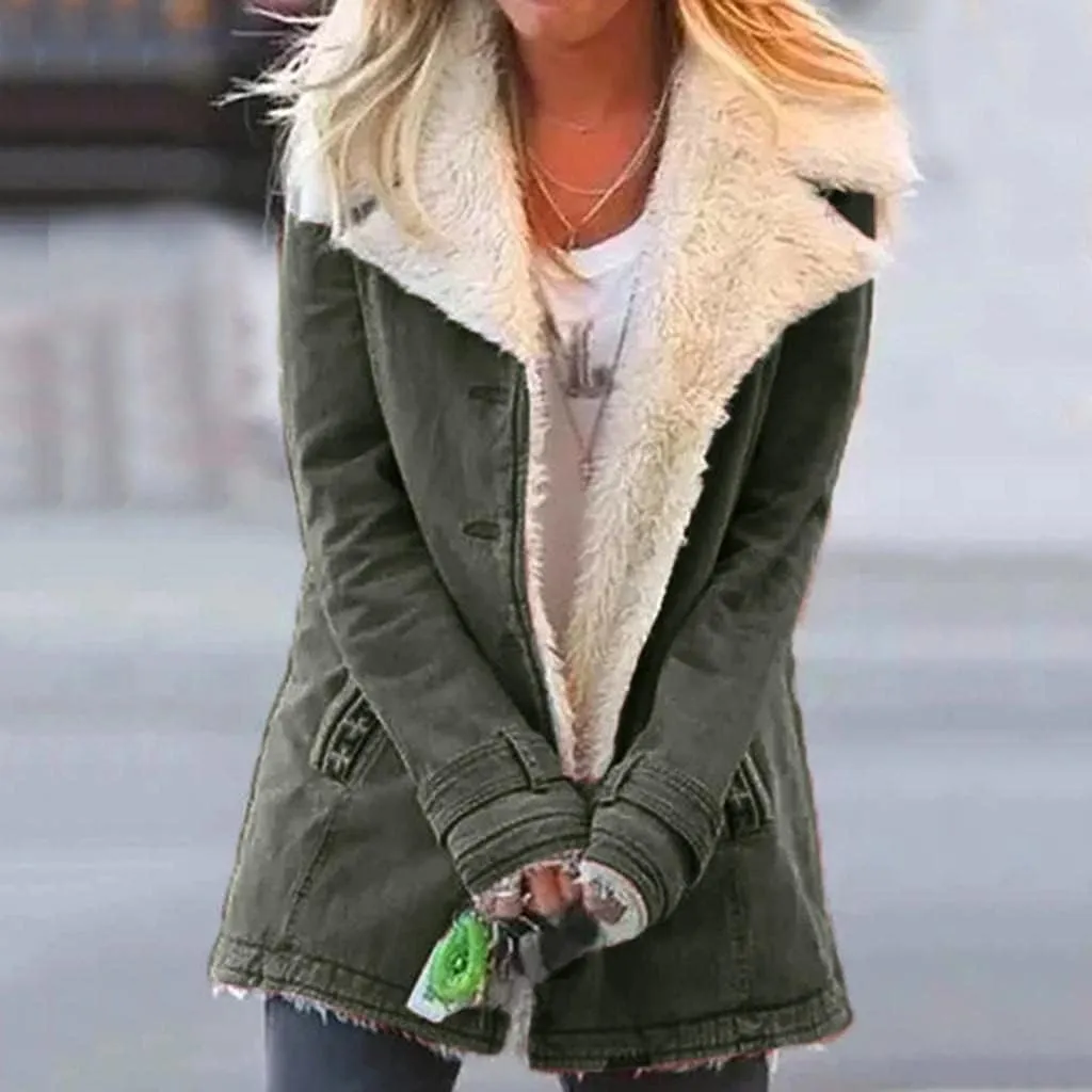 Womens Casual Sherpa Fleece Lined Denim Jackets Plus Size Warm Winter Lapel Collar Faux Fur Oversized Button Down Coat