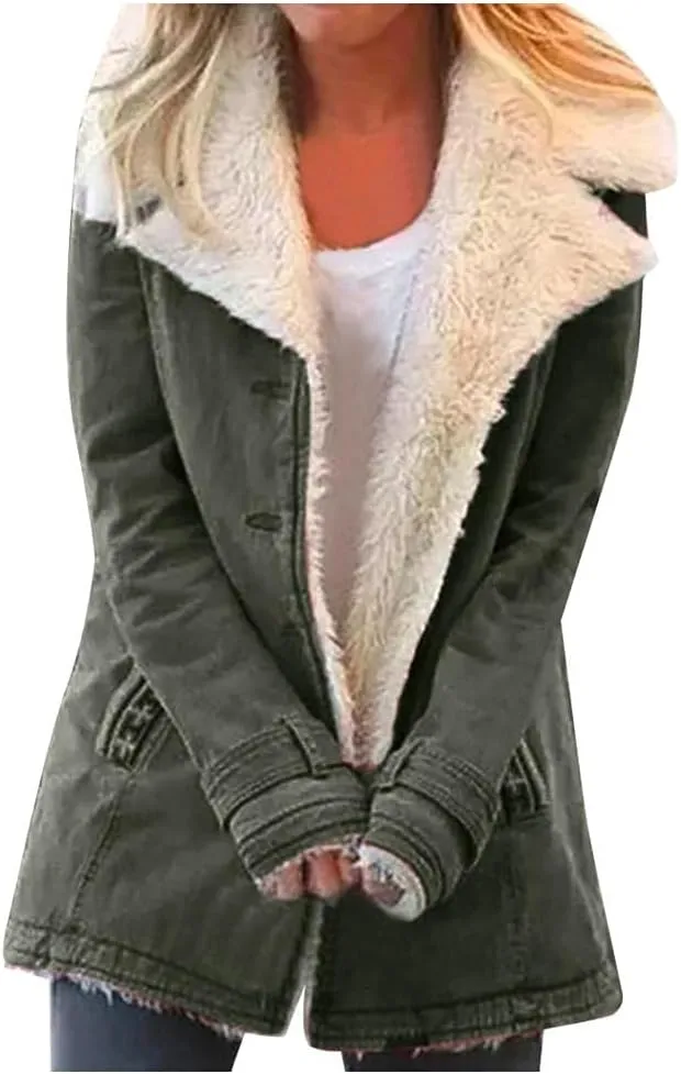 Womens Casual Sherpa Fleece Lined Denim Jackets Plus Size Warm Winter Lapel Collar Faux Fur Oversized Button Down Coat