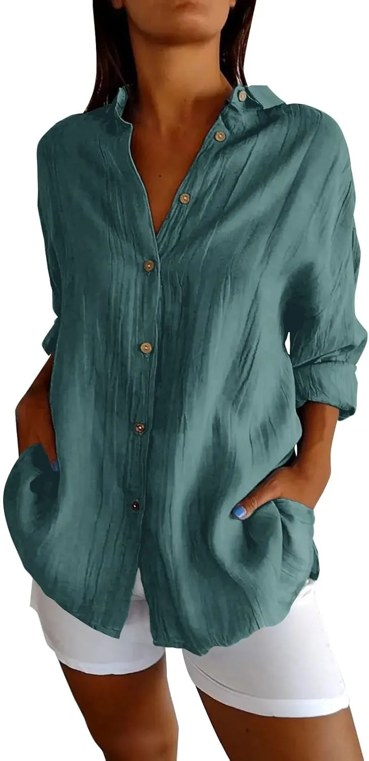 Womens Casual Shirts Cotton Linen Loose Singel Breasted Lapel Solid Business Blouse Daily Fashion Long Sleeve Shirts