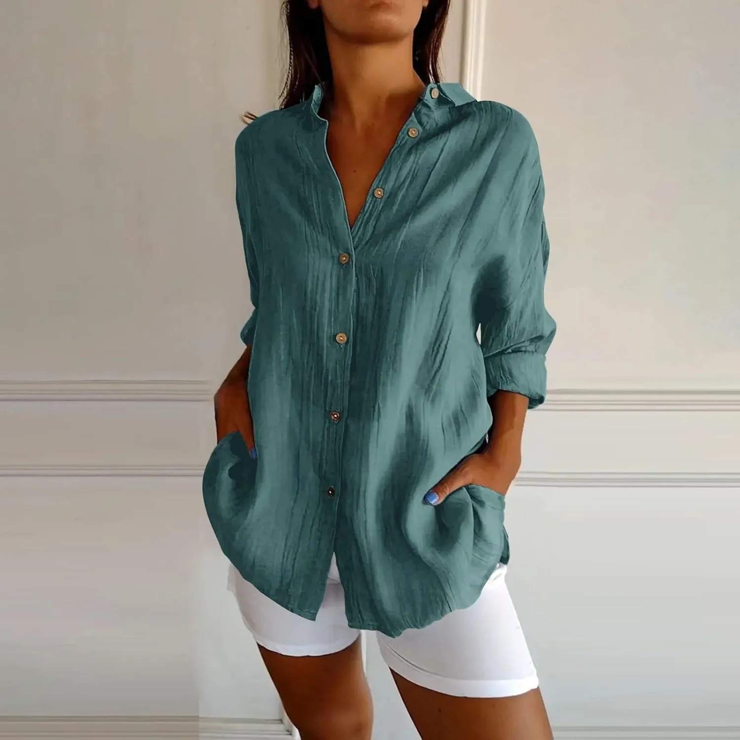 Womens Casual Shirts Cotton Linen Loose Singel Breasted Lapel Solid Business Blouse Daily Fashion Long Sleeve Shirts