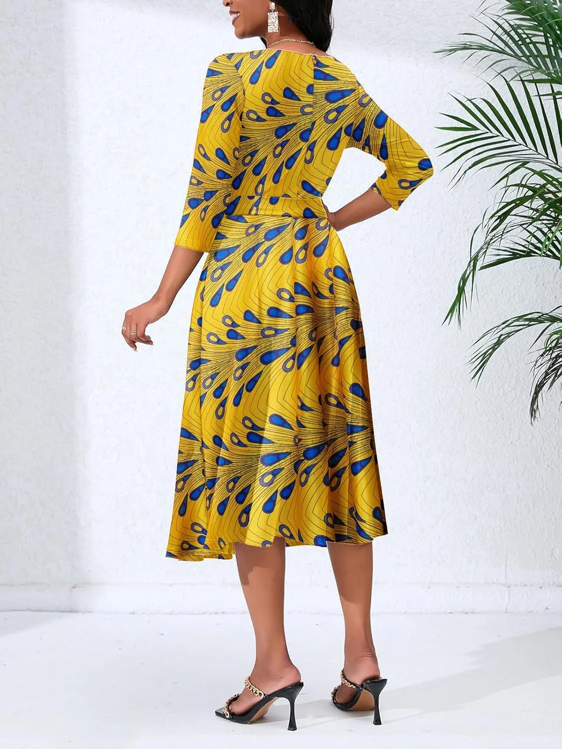 Women's Caual Midi Dress 3/4 Sleeve Crewneck A-line Swing Dress for Women with Belt for Wedding Guest & Cocktail Party